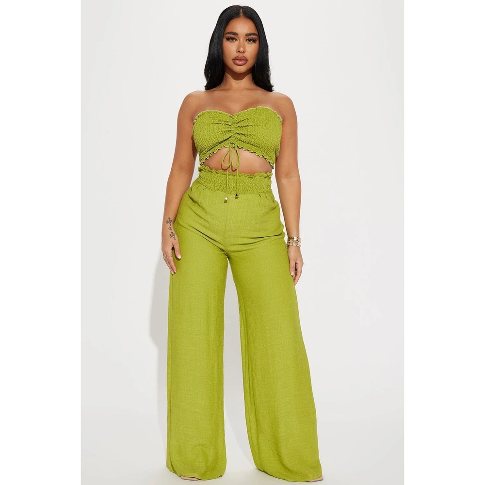 Fashion Nova Vacation Time Pant Set w/ Smocked Bandeau - Chartreuse - XL